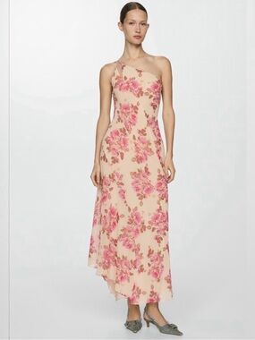 Mango One-Shoulder Floral Maxi Dress in Blush Pink